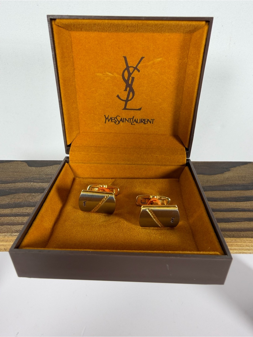 9023: Vintage Yves Saint Laurent YSL Two-Tone Cufflinks Original Box